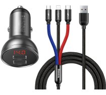 Baseus 2x USB 4.8A 24W car charger with LCD + 3in1 cable USB - USB Type C / micro USB / Lightning 1.2m black (TZCCBX-0G) (universal)