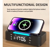 Digital Alarm Clock Wireless Charger Bluetooth Speaker RGB Night Light Cell Phone Stand(Black)