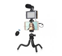 PULUZ 4 in 1 Vlogging Live Mini Octopus Bracket Kit + Studio Light + Microphone + Phone Clamp Kits(Black)