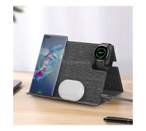 ROCK RWC-0518 3 In 1 Intelligent PU Leather Wireless Charger Station for Huawei Watch / Smart Phones / Wireless Earphone(Grey)