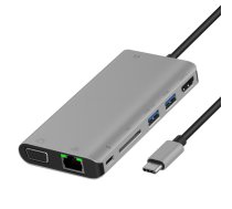 Onten 9591BD 8 in 1 USB-C / Type-C to PD USB-C / Type-C Charging + Gigabit Ethernet + Dual USB 3.0 + HDMI + VGA + SD Card Slot + 3.5mm AUX HUB(Grey)