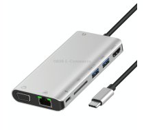 Onten 9591BD 8 in 1 USB-C / Type-C to PD USB-C / Type-C Charging + Gigabit Ethernet + Dual USB 3.0 + HDMI + VGA + SD Card Slot + 3.5mm AUX HUB(Silver)