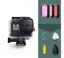 For GoPro HERO8 Black 45m Waterproof Housing Protective Case with Buckle Basic Mount & Screw & (Purple, Red, Pink) Filters & Floating Bobber Grip & Strap & Anti-Fog     Inserts (Transparent)