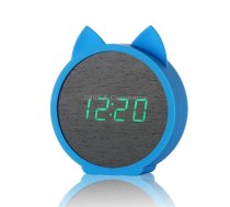 Creative Cat Shape Children Environmental Protection Silicone Wooden Silent LED Electronic Alarm Clock, Style:Upgrade(Green Light + Blue)