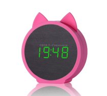 Creative Cat Shape Children Environmental Protection Silicone Wooden Silent LED Electronic Alarm Clock, Style:Upgrade(Green Light + Pink)