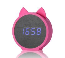 Creative Cat Shape Children Environmental Protection Silicone Wooden Silent LED Electronic Alarm Clock, Style:Upgrade(Blue Light + Pink)