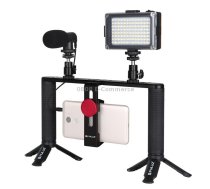 PULUZ 4 in 1 Vlogging Live Broadcast LED Selfie Light Smartphone Video Rig Handle Stabilizer Aluminum Bracket Kits with Microphone + Tripod Mount + Cold Shoe Tripod Head