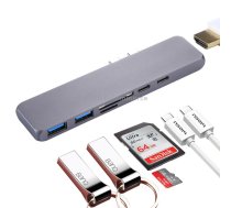 Multi-function Aluminium Alloy Dual USB-C / Type-C HUB Adapter with HDMI Female & 2 x USB 3.0 Ports & 2 x USB-C / Type-C Ports & SD Card Slot & TF Card Slot