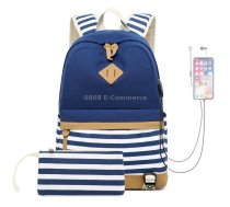 2 PCS/Set Printed Canvas Backpack Student School Bag Striped Large Capacity Backpack(Dark Blue)