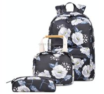 1909-1 3 PCS/Set Printed Backpack Small Fresh Student School Bag Computer Bag Lunch Backpack(Black)