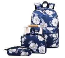 1909-1 3 PCS/Set Printed Backpack Small Fresh Student School Bag Computer Bag Lunch Backpack(Dark Blue)