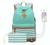 2 PCS/Set Printed Canvas Backpack Student School Bag Striped Large Capacity Backpack(Green)