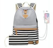 2 PCS/Set Printed Canvas Backpack Student School Bag Striped Large Capacity Backpack(Grey)