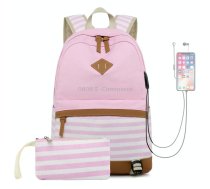 2 PCS/Set Printed Canvas Backpack Student School Bag Striped Large Capacity Backpack(Pink)