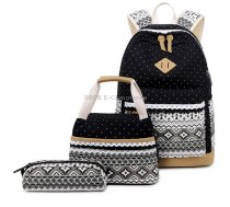 3 PCS/Set 1905-1 Polka Canvas Backpack Student School Bag(Black)