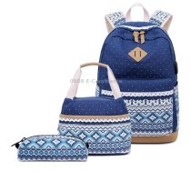 3 PCS/Set 1905-1 Polka Canvas Backpack Student School Bag(Navy Blue)