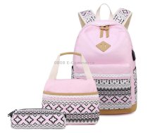 3 PCS/Set 1905-1 Polka Canvas Backpack Student School Bag(Pink)