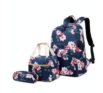 1916-1 3 PCS / Set Printed USB Backpack Student School Bag(Dark Blue)