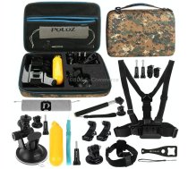 PULUZ 20 in 1 Accessories Combo Kit with Camouflage EVA Case (Chest Strap + Head Strap + Suction Cup Mount + 3-Way Pivot Arm + J-Hook Buckles + Extendable Monopod + Tripod Adapter + Bobber Hand Grip + Storage Bag + Wrench) for GoPro Hero12 Black / Hero11 