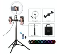 PULUZ 10.2 inch 26cm RGBW Light + 1.65m Tripod Mount + Dual Phone Bracket Curved Surface USB RGBW Dimmable LED Ring Selfie Beauty Vlogging Video Light Live Broadcast Kits with Cold Shoe     Tripod Ball Head & Phone Clamp & Remote Control(Black)