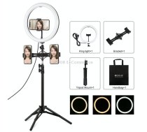 PULUZ 11.8 inch 30cm Light + 1.1m Tripod Mount + Dual Phone Brackets Curved Surface USB 3 Modes Dimmable Dual Color Temperature LED Ring Vlogging Video Light Live Broadcast Kits with Phone     Clamp(Black)