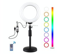 PULUZ 6.2 inch 16cm RGBW Light + Round Base Desktop Holder USB Dimmable LED Ring Vlogging Photography Video Lights with Cold Shoe Tripod Ball Head & Remote Control(Black)