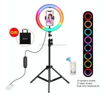 PULUZ 10.2 inch 26cm Marquee LED RGBWW Selfie Beauty Light + 1.1m Tripod Mount 168 LED Dual-color Temperature Dimmable Ring Vlogging Photography Video Lights with Cold Shoe Tripod Ball Head     & Remote Control & Phone Clamp(Black)