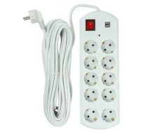 Extension cord 10m, 10 sockets, 2x USB, with switch