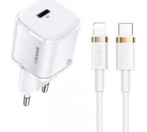 Usams T36 Tīkla lādētājs 20W 1x USB-C ligzdas PD uzlāde + USB-C uz Lightning 1m Vads preikš iPhone 11 12 13 Balta XFKXLOGTL02