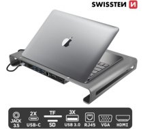 Swissten Daudzfunkcionāla USB-C Klēpjdatora dokstacija / HDMI / USB 3.0 / 2x USB-C / RJ45 / SD / Micro SD / VGA / Audio / Pelēka 44040104