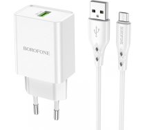 Borofone BN5 tālruņa lādētājs | USB | Quck Charge 3.0 | 18W | + Micro USB kabelis, balts BRBN530WH