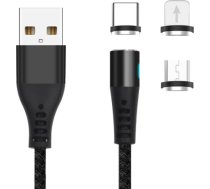 Maxlife MXUC-02 magnetic cable USB - Lightning + USB-C + microUSB 1,0 m 2A black nylon OEM001959