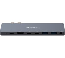 CANYON DS-8 Multiport Docking Station with 8 port, 1*Type C PD100W+2*Type C data+2*HDMI+2*USB3.0+1*Audio. Input 100-240V, Output USB-C PD100W&USB-A 5V/1A, Aluminium alloy, Space gray, 135*48*10mm, 0.056kg CNS-TDS08DG