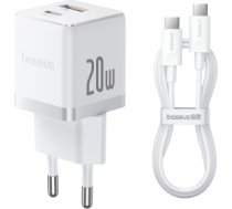 Baseus Sienas ātrais lādētājs Palm 20W USB + USB-C QC3.0 PD3.0 ar USB-C kabeli 1 m, balts P10111608213-01
