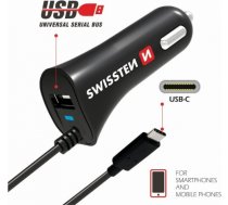 Swissten Premium Auto Lādētājs 12 / 24V / 2.4A + iebūvēts USB-C Datu Kabelis 100 cm Melns SW-CCH-2.4ATYPCIN-B
