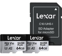 Set of 2 Lexar High-Performance Silver Plus microSDXC 2x64GB memory cards + adapter LMSSIPL064G-B2ANG