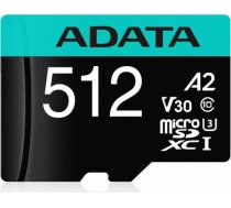 A-data ADATA 512GB Premier Pro MICROSDXC, R/W up to 100/80 MB/s, with Adapter AUSDX512GUI3V30SA2-RA1