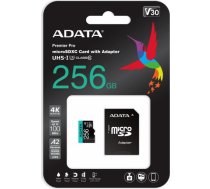 A-data ADATA 256GB Premier Pro MICROSDXC, R/W up to 100/80 MB/s, with Adapter AUSDX256GUI3V30SA2-RA1