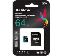 A-data ADATA 64GB Premier Pro MICROSDXC, R/W up to 100/80 MB/s, with Adapter AUSDX64GUI3V30SA2-RA1