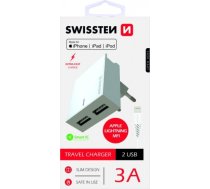 Swissten MFI Premium Apple Sertificēts Tīkla Lādētājs USB 3А / 15W Ar Lightning (MD818) vadu 120 cm Balts SW-DET-3AWCLMFI-WH