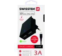 Swissten MFI Premium Apple Sertificēts Tīkla Lādētājs USB 3А / 15W Ar Lightning (MD818) vadu 120 cm Melns SW-DET-3AWCLMFI-BK