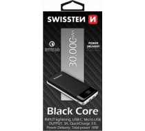 Swissten Black Core Premium Recovery Power Banka Uzlādes batereja 2.1A / USB / USB-C / 30000 mAh Melna SW-PWB-BLC-30000