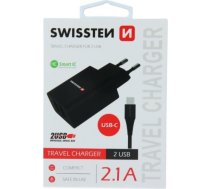 Swissten Smart IC Tīkla Lādētājs 2x USB 2.1A ar USB-C vadu 1.2 m Melns SW-SET-2X2.1AWCUC-BK
