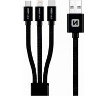 Swissten Textile Universal 3in1 USB-C / Lightning Data MFI / MircoUSB kabelis 1,2 m melns 72501101