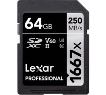 Lexar atmiņas karte SDXC 64GB Pro 1667x U3 V60 250MB/s LSD64GCB1667