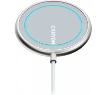 CANYON WS-100 Wireless charger, Input 9V/2A, 9V/2.7A, 12V/2A, Output 15W/10W/7.5W/5W, Type c cable length 1.5m, Acrylic surface+Aluminium alloy edge, 59*59*7mm, 0.06Kg, Silver CNS-WCS100