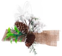 Dekoratīvs zars MagicHome Christmas, ar priežu čiekuriem un džutas lenti, balts, 15 cm, iepakojumā 6 gab.