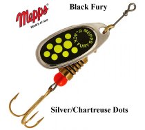 Rotējošais māneklis Mepps Black Fury Silver Chartreuse Dots 2 g