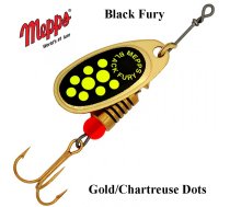 Rotējošais māneklis Mepps Black Fury Gold Chartreuse Dots 1.5 g