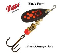 Rotējošais māneklis Mepps Black Fury Black Orange Dots 4.5 g